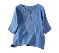 duaicnvow Camisetas de lino para mujer, 2026, bordadas, de lino, color liso, para verano, playa, vacaciones, uso diario en la oficina, azul, XXL