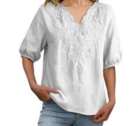 duaicnvow Camisetas de manga 3/4 para mujer, de algodón y lino, con botones, cuello en V, casual, ajuste holgado, de algodón, ropa de lino, camisetas de verano de color liso, cuello en V, elegante