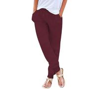 duaicnvow Pantalones clásicos de lino para mujer, ligeros, con cordón, holgados, de algodón, para verano, estilo palazzo, talla grande, capris, Vino, S
