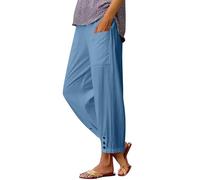 duaicnvow Pantalones de lino de algodón para mujer, pantalones de descanso rectos y anchos, ajuste holgado, cintura elástica, pantalones chinos ligeros, sueltos, casuales, playa, vacaciones, azul