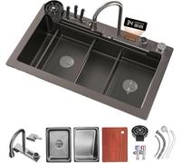 Dual Bowl Workstation Sink with Waterfall Faucet - Stainless Steel Basin Set with Pull-out Sprayer Pressure Pot Washer Cutting Board & Draining Basket - 75 x 46 cm Black-Grey