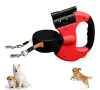 Dual Retractable Dog Leash with Flashlight & Poop Bag Holder, Tangle-Free Double Retractable Leash for Two Dogs, 360° Rotating Heavy Duty Reflective Strap for Small to Large Dogs (Red)