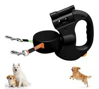 Dual Retractable Dog Leash with Flashlight & Poop Bag Holder, Tangle-Free Double Retractable Leash for Two Dogs, 360° Rotating Heavy Duty Reflective Strap for Small to Large Dogs (Black)