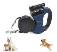 Dual Retractable Dog Leash with Flashlight & Poop Bag Holder, Tangle-Free Double Retractable Leash for Two Dogs, 360° Rotating Heavy Duty Reflective Strap for Small to Large Dogs (Blue)