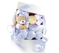 dubistda - Caja de regalo para bebé, reloj de juguete, osito azul | cesta de regalo de 6 piezas