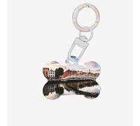 Dublín Irlanda Ha Penny Bridge River Printing - 1 etiqueta de identificación con forma de hueso de perro de doble cara con llavero artesanal para mascotas