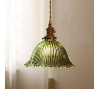 DUBOXX Copper Geometric Ribbed Glass Retro Pendant Light Mini Chandelier Hanging Lamp Shade Drop Ceiling Lighting Fixtures for Kitchen Island, Dining Room, Loft, Home Decor Art(Green,Dia-23cm)