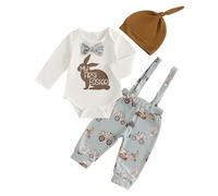 Dubute Conjunto de ropa de Pascua para bebé, 3 piezas, mameluco de manga corta y larga, pantalones con tirantes, overol y sombrero, Beige-My first easter, 3-6 meses