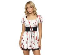 Dubute Disfraz de sangre de Halloween para mujer, vestido corto con corsé y manga abombada, ribete de encaje (blanco, L)