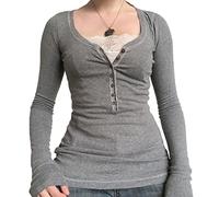 Dubute Fairy Grunge Y2k Camisas para mujer de manga corta/larga vintage estética Crop Tops de encaje Patchwork Slim Tee Top E-Girls, gris, S