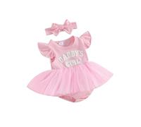Dubute Mameluco para bebé recién nacida, manga con volantes, letras impresas, malla, tul, tutú, diadema, trajes 0-18M, Pink Daddy's Girl, 3-6 meses