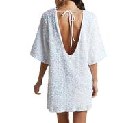 Dubute Vestido de lentejuelas con purpurina para mujer, manga corta, espalda descubierta, cuello redondo, fiesta, cóctel, minivestido brillante, ropa de club, blanco, XL