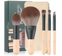 DUcare Juego de mini brochas de maquillaje de viaje con bolsa, kit de 5 brochas pequeñas portátiles para polvo, reflejos, sombra de ojos, cepillo de tamaño de viaje y bolsa de cosméticos, cerdas