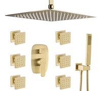 Ducha clásica, cuerpo moderno de latón dorado cepillado de 10-12 pulgadas de techo de techo grifo de ducha con 6 pcs sprays de jets juego de batalla, juego de ducha de lujo, 10 pulgadas, 10 pulgadas