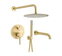 Ducha empotrada de bañera monomando de 3 vías con caño de 21 cm y rociador de 30 cm en oro mate y PVD Júcar de Valaz