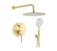 Ducha empotrada monomando a pared redonda con maneta ancha y rociador de 20 cm en oro mate y PVD Cabriel de Valaz
