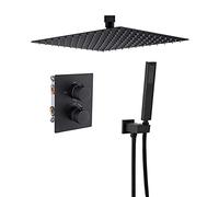 Ducha Empotrada Techo Termostatico Negro Grifos de Ducha Empotrados Set 8 en Alcachofa Lluvia Grifería Cuadrado-Función Doble-B