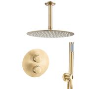 Ducha empotrada termostática de techo redonda oro mate con protección PVD rociador lluvia alcachofa mano Jucar de Valaz