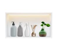 Ducha LED de 24 x 12 pulgadas, estante de pared de acero inoxidable blanco con tira LED, no requiere azulejos, solución moderna de baño para almacenamiento en el hogar y el hotel