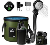 Ducha Portatil Camping con Bomba Batería 6000mAh - Kit Ducha Agua con Cubo Plegable 20L, Cabezal 3 Modos, Manguera 2m, IPX7, Carga USB-C - Ducha Camper Furgoneta Exterior Perro Jardín