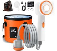 Ducha Portatil Camping con Bomba & Luz LED - Kit Ducha con Cubo Plegable 20L, Filtro Carbón Activo Triple Capa, 3 Modos Agua + 4 Modos Luz, Manguera 2m, USB-C - Ducha Camper Furgoneta Exterior Jardín