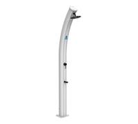 Ducha solar ecológica dafne blanca con cabezal redondo de 20cm. mezclador y grifo lavapiés. ducha con estructura de aluminio curvada para uso exterior. depósito de 35 litros. altura de 226 cm. apto pa