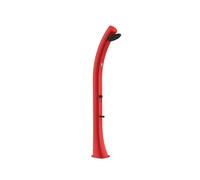 Ducha solar estructura roja y curvada de polietileno hd para jardín y piscina altura 226,6 cm ducha redonda diámetro 20 cm depósito 40 litros grifo lavapiés accesorios de metal negro. filtro anticalcá