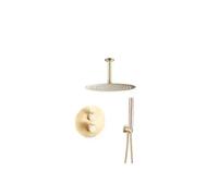 Ducha termostática empotrada a techo fabricada en latón y acero inoxidable de color dorado cepillado Jucar de Valaz - 25 cm