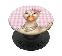 Duck Portrait Retro Checkered Bow Aesthetic Illustration PopSockets PopGrip Adhesivo