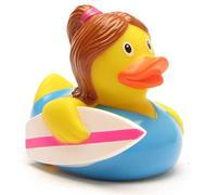 Duckkshop I Patito de baño para niña surfista, patito chirrido, largo: 8,5 cm, pato chirriante, regalo para deportes acuáticos, coleccionistas de presencia