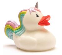 Duckshop Pato de baño con forma de unicornio, patito chirriante, 10 cm de largo, incluye llavero de goma en el juego, juguete y regalo para bebés y niños, juguete de baño para la bañera