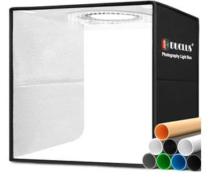 DUCLUS Caja de Luz de 40 x 40 cm, Fotografia actualizado de 18 W, Kit de Caja de Luz Fotografía con Regulación de Intensidad, 160 Leds de 5500K y Conector Tipo C, 8 Fondos Fotográficos de Productos