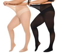 DUCMODA Grande Medias para Mujer Plus Size Cintura Alta 10 Colores Semi Opaque Curvy Tights for Women Negro + Beige 2XL