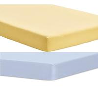 Dudu N Girlie Sábana bajera ajustable de algodón para cuna de viaje, de 95 x 65 pulgadas, sábana bajera ajustable hipoalergénica, elástica, transpirable (paquete de 2, azul y amarillo)