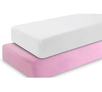 Dudu N Girlie Sábana bajera ajustable para cuna de viaje, 95 x 65 pulgadas, sábana bajera ajustable para cuna de viaje, paquete de 2 unidades, hipoalergénicas, ropa de cama elástica, transpirable, fácil cuidado, (paquete de 2, blanco y rosa)