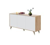 duehome | Aparador 3 Puertas, Bueffet para salón, Armario Auxiliar, Modelo Lira, Acabado en Blanco Artik y Roble Canadian, Medidas: 154 cm (Ancho) x 75 cm (Alto) x 40 cm (Fondo)