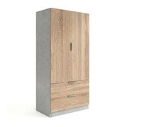 duehome | Armario de 2 Puertas y 2 cajones, Modelo Lark, Acabado en Color Cemento y Roble Canadian, Medidas: 81 cm (Ancho) x 180 cm (Alto) x 52 cm (Fondo)