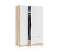 duehome | Armario de 3 Puertas y 3 Cajones, Armario para Dormitorio, Modelo Hexa, Acabado en Blanco Artik y Roble Canadian, Medidas: 121 cm (Largo) x 180 cm (Alto) x 52 cm (Fondo)