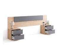 duehome Cabecero Akari con 2 Mesitas de Noche y 4 Cajones | Conjunto de Dormitorio, Roble Canadian y Gris Grafito, Mesillas con Almacenaje, Mobiliario de Cama, 247 x 3 x 50 cm