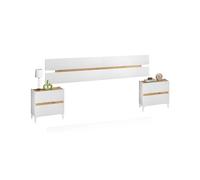 duehome | Cabecero y 2 Mesitas de Noche, Dormitorio Doble, Dormitorio Completo, Modelo Erza, Acabado en Blanco Artik y Roble Nodi