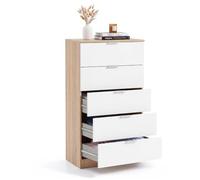 duehome | Cómoda Akari de 5 Cajones, Cajonera Alta para Dormitorio, Sinfonier con Amplio Almacenaje, Acabado en Roble Canadian y Blanco Artik, Medidas: 60 cm (Ancho) x 40 cm (Fondo) x 110 cm (Alto)