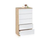 duehome | Comoda de 5 Cajones para Dormitorio, Modelo Akari, Acabado en Blanco Artik y Roble Canadian, Medidas: 60 cm (Largo) x 110 cm (Alto) x 40 cm (Fondo)
