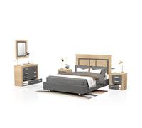 duehome | Conjunto de Dormitorio Kira 4c - Cabecero + 2 Mesitas de Noche + Comoda y Espejo, Acabado en Cambria y Grafito