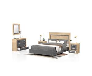 duehome | Conjunto de Dormitorio Kira 4c - Cabecero + 2 Mesitas de Noche + Comoda y Espejo, Acabado en Cambria y Grafito