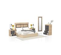 duehome | Conjunto de Dormitorio Kira 5c con Cabecero, 2 Mesitas de Noche, Sinfonier y Espejo, Acabado en Cambria y Grafito