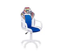 duehome | DRW Sticker, Silla Gamer, Silla de Oficina Gaming Estudio o Escritorio, Acabado en Símil Piel Blanco, Azul y Sticker, Medidas: 46,5 cm (Ancho) x 46 cm (Largo) x 98-109,5 cm (Alto)