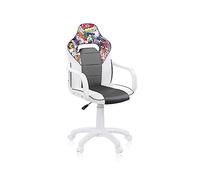 duehome | DRW Sticker, Silla Gamer, Silla de Oficina Gaming Estudio o Escritorio, Acabado en Símil Piel Blanco, Gris y Sticker, Medidas: 46,5 cm (Ancho) x 46 cm (Largo) x 98-109,5 cm (Alto)