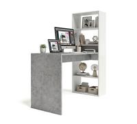 duehome | Escritorio Juvenil con Estanteria Reversible, Mesa de Ordenador, Modelo Cosmic, Acabado en Blanco Artik y Gris Cemento, Medidas: 120 cm (Largo) x 53 cm (Ancho) x 144 cm (Alto)