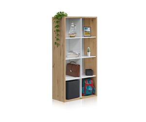 duehome | Estantería Vertical o Horizontal de 8 Huecos, Librería, Modelo Dess, Acabado en Color Roble Nodi y Blanco Artik, Medidas: 71,5 cm (Largo) x 137 cm (Alto) x 33 cm (Fondo)