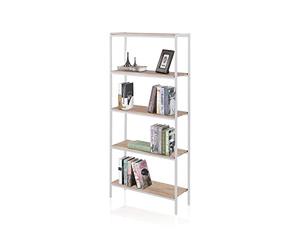 duehome | Jack, Estanteria Alta con 5 Estantes, Acabado en Roble y Estructura Metalica Color Blanco, Medidas: 80 cm (Largo) x 180 cm (Alto) x 28 cm (Fondo)